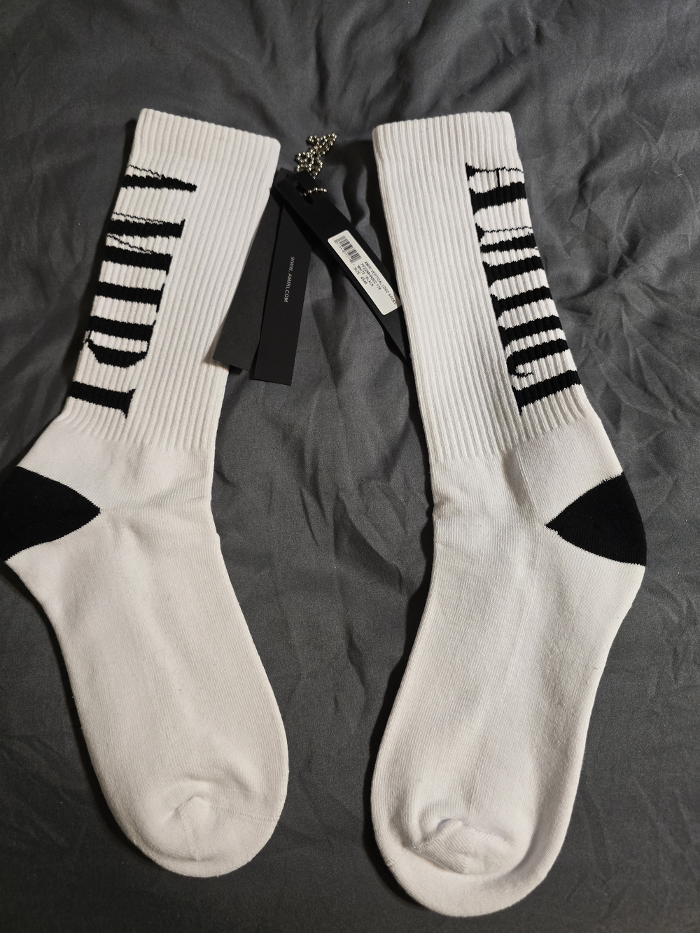 AMIRI White Crew Socks with Black Heel and Vertical Logo
